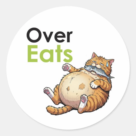 Over Eats - Funny Fat Cat Eating Fish Cartoon ラウンドシール (正面)
