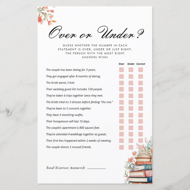Over or Under New Chapter Bridal Shower Game (正面)