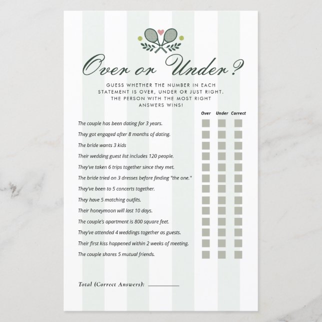 Over or Under Perfect Match Bridal Shower Game (正面)