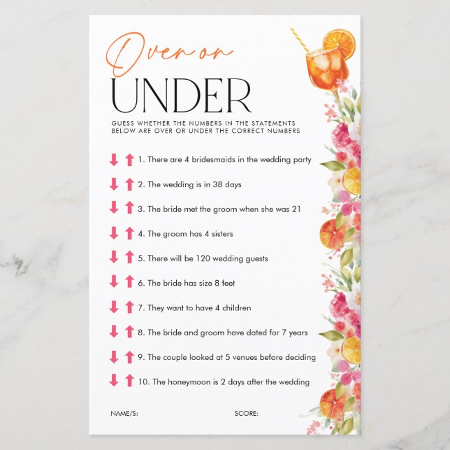 Over or Under Spritz Bridal Shower Games (正面)