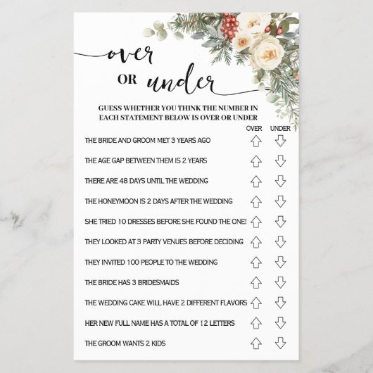 Over or Under Winter Bridal Shower Game Card チラシ (正面)