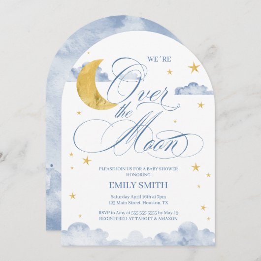 Over The Moon Baby Shower 招待状 (正面/裏面)