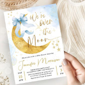 Over the Moon Baby Shower Boy Blue Bow Gold  招待状