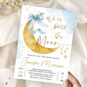 Over the Moon Baby Shower Boy Blue Bow Gold  招待状
