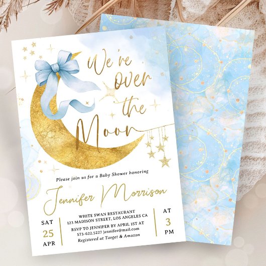 Over the Moon Baby Shower Boy Blue Bow Gold  招待状