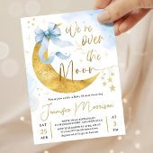 Over the Moon Baby Shower Boy Blue Bow Gold  招待状