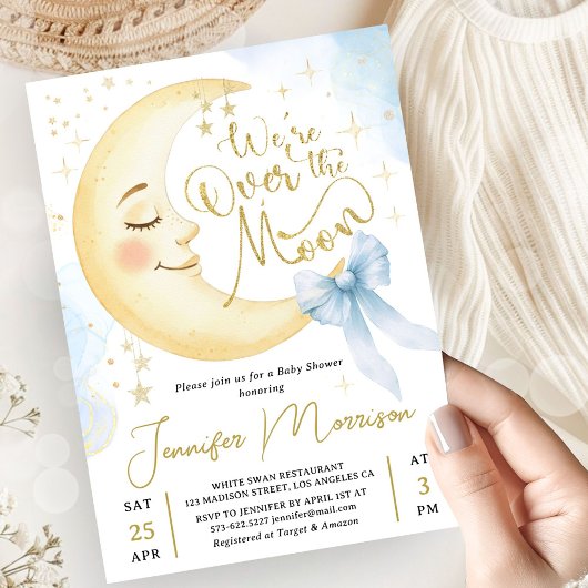 Over the Moon Baby Shower Boy Blue Bow Moon 招待状