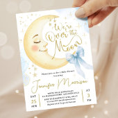 Over the Moon Baby Shower Boy Blue Bow Moon 招待状