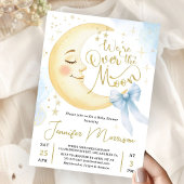 Over the Moon Baby Shower Boy Blue Bow Moon 招待状