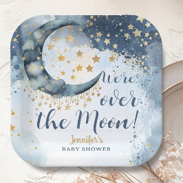 Over The Moon Baby Shower Boy Blue Paper Plate ペーパープレート