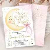 Over the Moon Baby Shower Girl Pink Bow Cute Moon 招待状