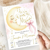 Over the Moon Baby Shower Girl Pink Bow Cute Moon 招待状