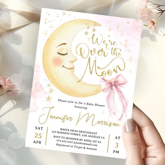 Over the Moon Baby Shower Girl Pink Bow Cute Moon 招待状