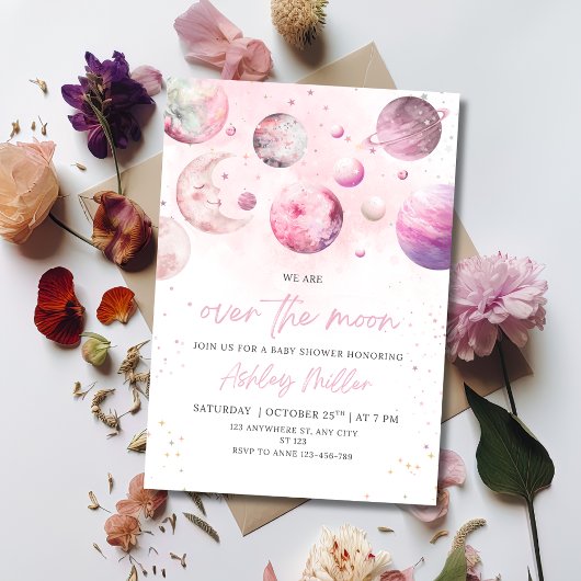 Over The Moon Baby Shower Invite, Girl Baby Shower 招待状