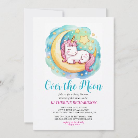 Over the Moon Baby Shower – Sleeping Unicorn  招待状 (正面)