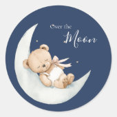 Over the Moon Bear Blue Baby Shower ラウンドシール (正面)