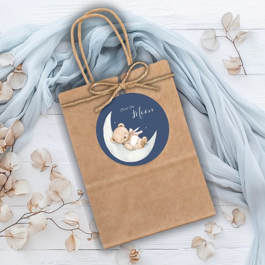 Over the Moon Bear Blue Baby Shower ラウンドシール