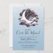 Over The Moon Blue Baby Shower 招待状 (正面)