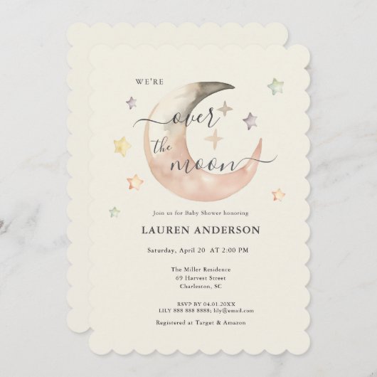 Over The Moon Boho Celestial Baby shower 招待状 (正面/裏面)