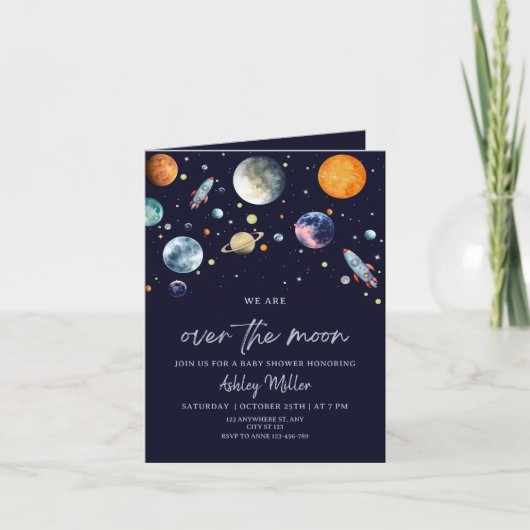 Over The Moon Boy Baby Shower Invite, Celestial 招待状 (正面)