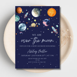 Over The Moon Boy Baby Shower Invite, Outer Space 箔招待状