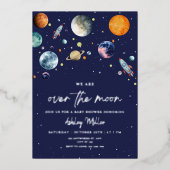 Over The Moon Boy Baby Shower Invite, Outer Space 箔招待状 (正面)