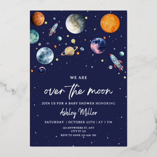 Over The Moon Boy Baby Shower Invite, Outer Space 箔招待状 (正面)