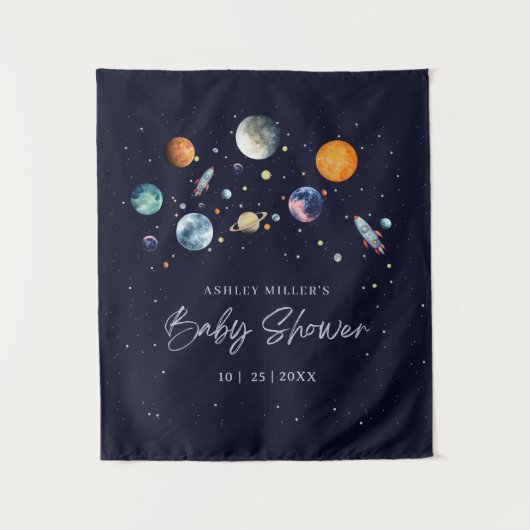 Over The Moon Boy Baby Shower Invite, Space Galaxy タペストリー (正面)