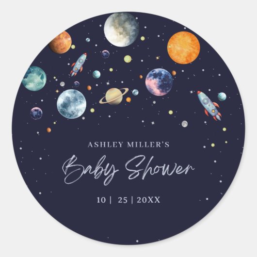 Over The Moon Boy Baby Shower Invite, Space Galaxy ラウンドシール (正面)