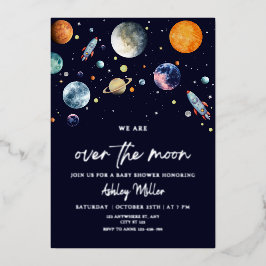 Over The Moon Boy Baby Shower Invite, Space Galaxy 箔招待状