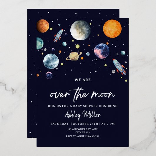 Over The Moon Boy Baby Shower Invite, Space Galaxy 箔招待状 (正面/裏面)
