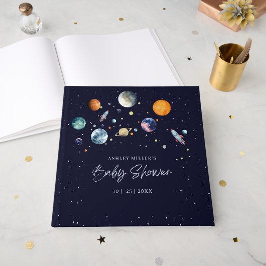 Over The Moon Boy Baby Shower Party Space Galaxy ゲストブック (正面見開き)