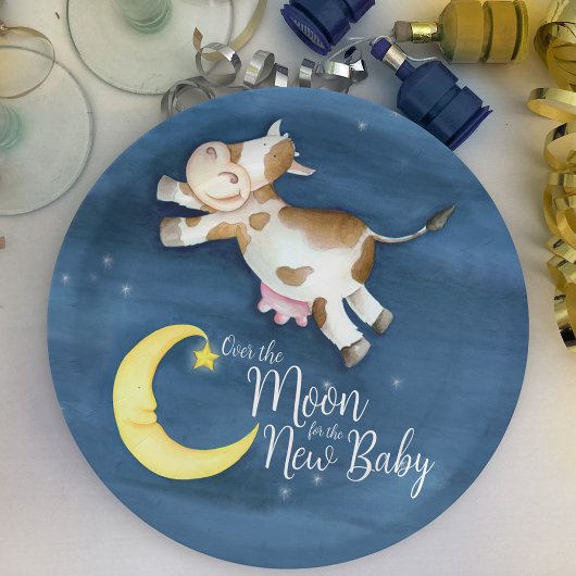 Over the moon cow jump watercolor baby shower ペーパープレート