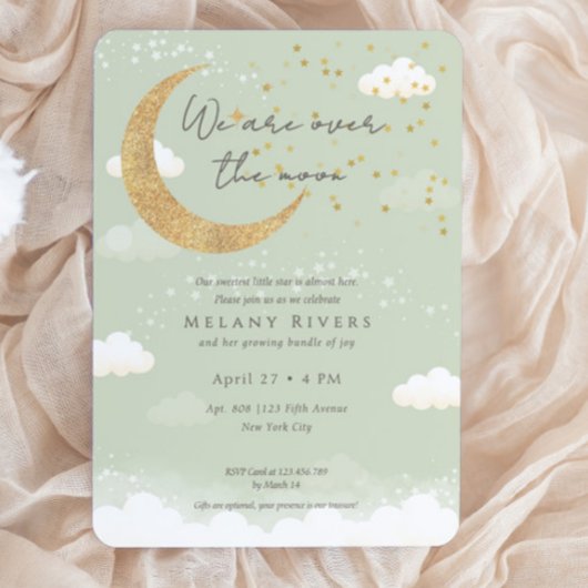 Over the Moon Gender Neutral Sage Baby Shower 招待状