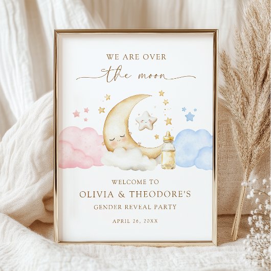 Over the Moon Gender Reveal Party Welcome Poster ポスター
