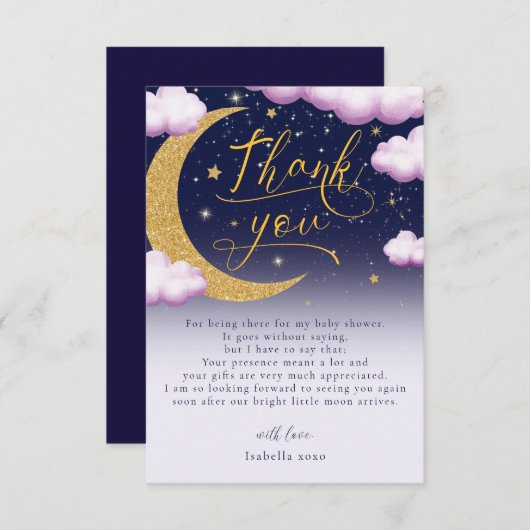 Over the Moon Girl Baby Shower サンキューカード (正面/裏面)
