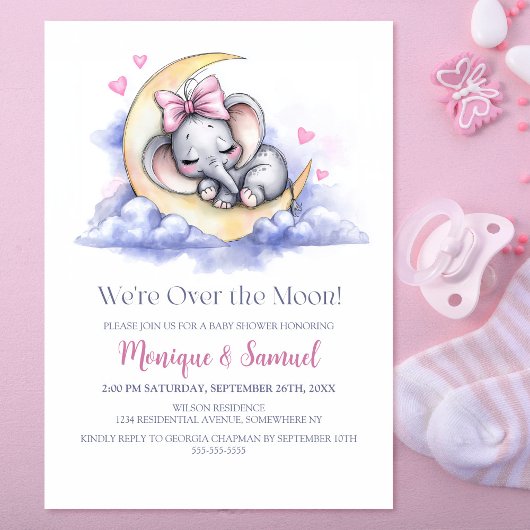Over the Moon Girl Elephant Baby Shower 招待状