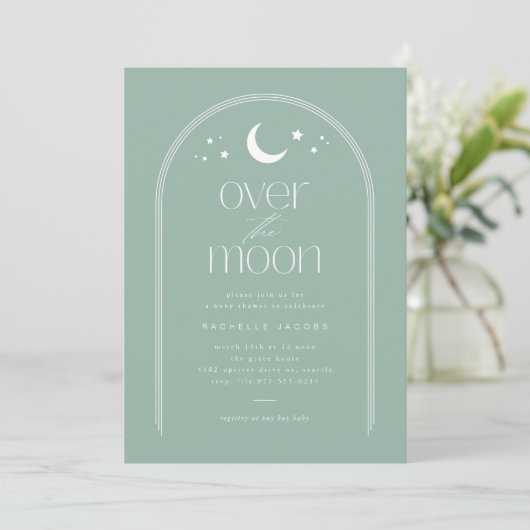 Over the Moon Light Green Baby Shower Invitation 招待状 (スタンド正面)