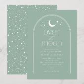 Over the Moon Light Green Baby Shower Invitation 招待状 (正面/裏面)