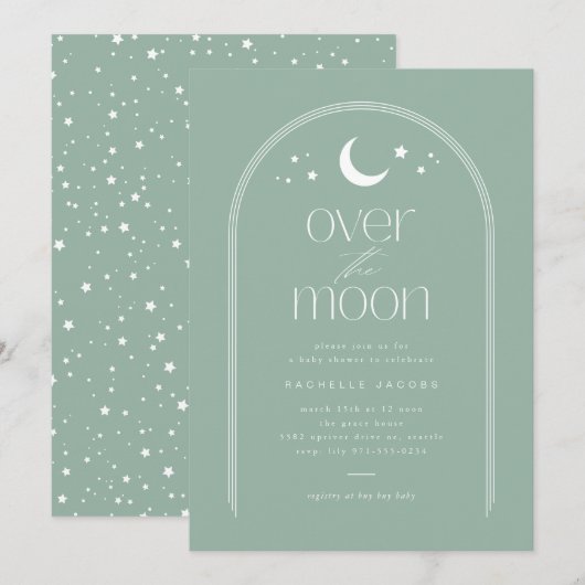Over the Moon Light Green Baby Shower Invitation 招待状 (正面/裏面)