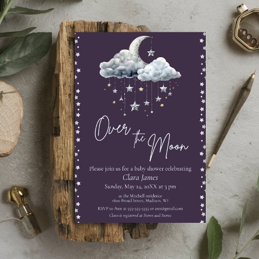 Over the Moon Minimal Gender Neutral Baby Shower 招待状