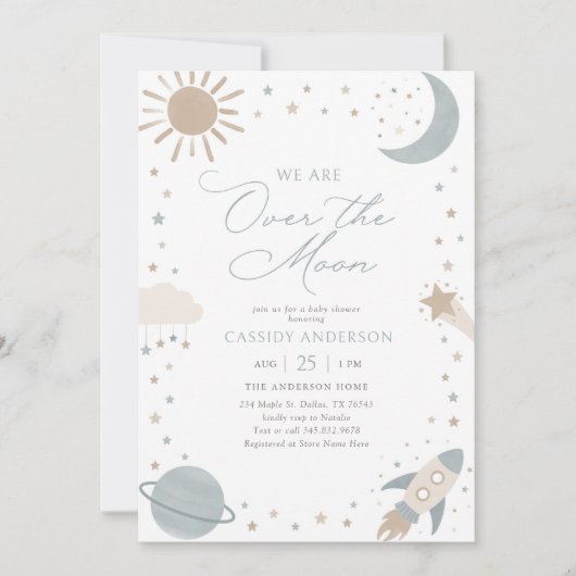 Over the Moon Outer Space Baby Shower 招待状 (正面)
