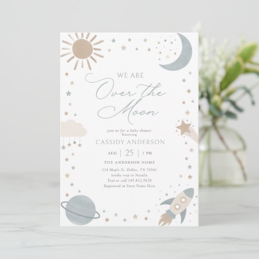 Over the Moon Outer Space Baby Shower 招待状 (スタンド正面)