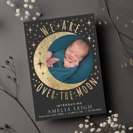 Over the Moon Photo Birth Announcement Card 招待状