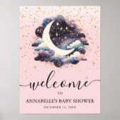 Over The Moon Pink Girl Baby Shower Welcome Sign ポスター (正面)