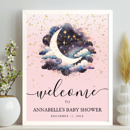 Over The Moon Pink Girl Baby Shower Welcome Sign ポスター