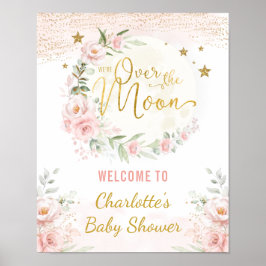 Over the Moon Pink Gold Floral Baby Shower Welcome ポスター