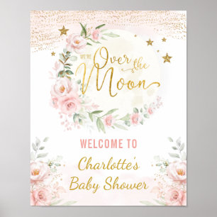 Over the Moon Pink Gold Floral Baby Shower Welcome ポスター