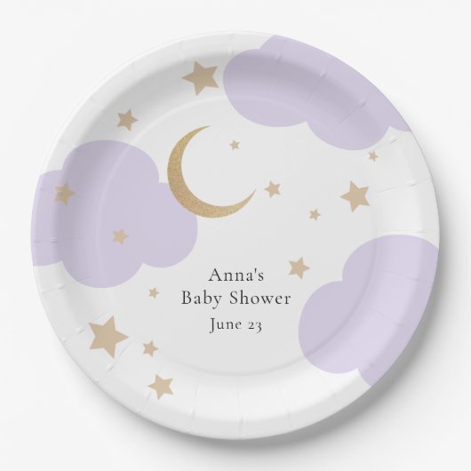 Over the Moon Purple Baby Shower ペーパープレート (正面)