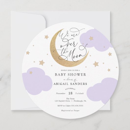 Over the Moon Purple Baby Shower Invitation 招待状 (正面)